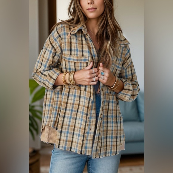 Drawstring Plaid Button Up Hooded Shacket - Picture 1 of 6